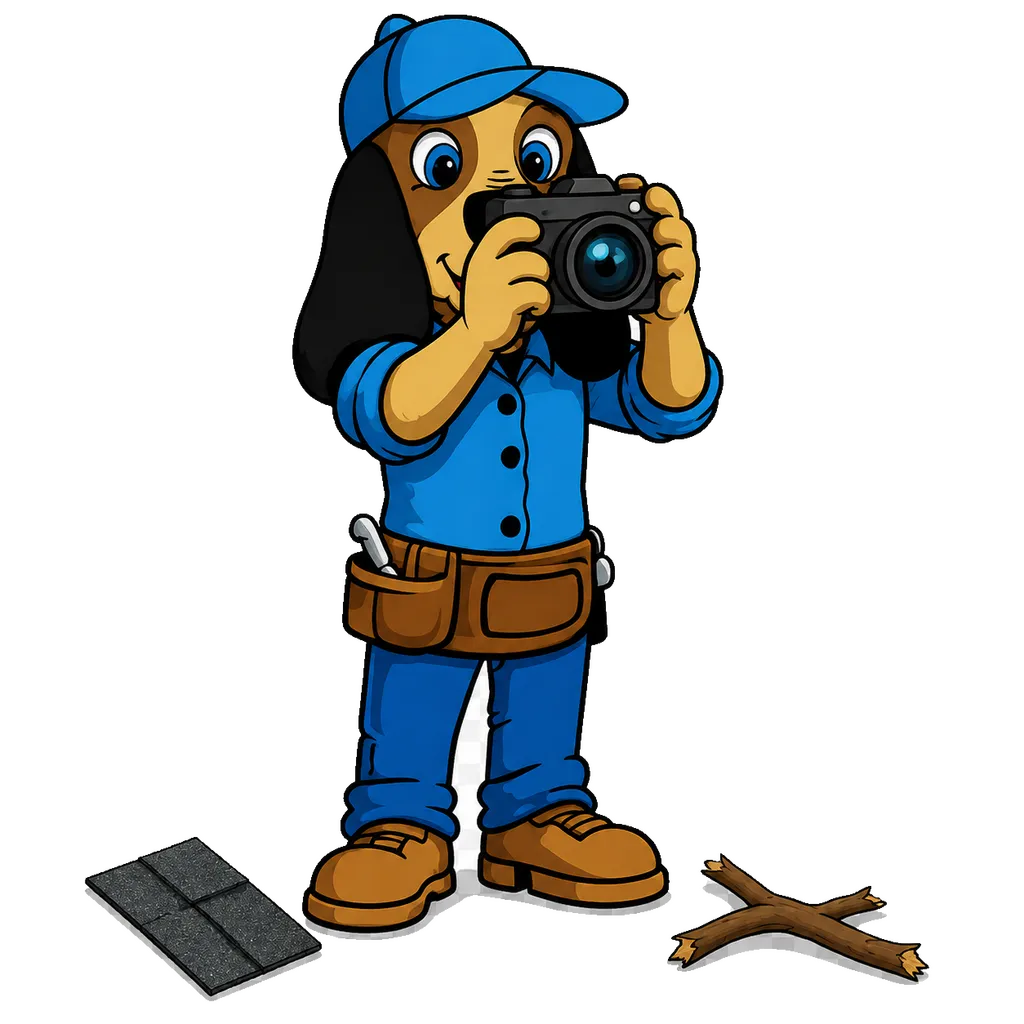Rufus the Farrell Roofing mascot photographing storm damage