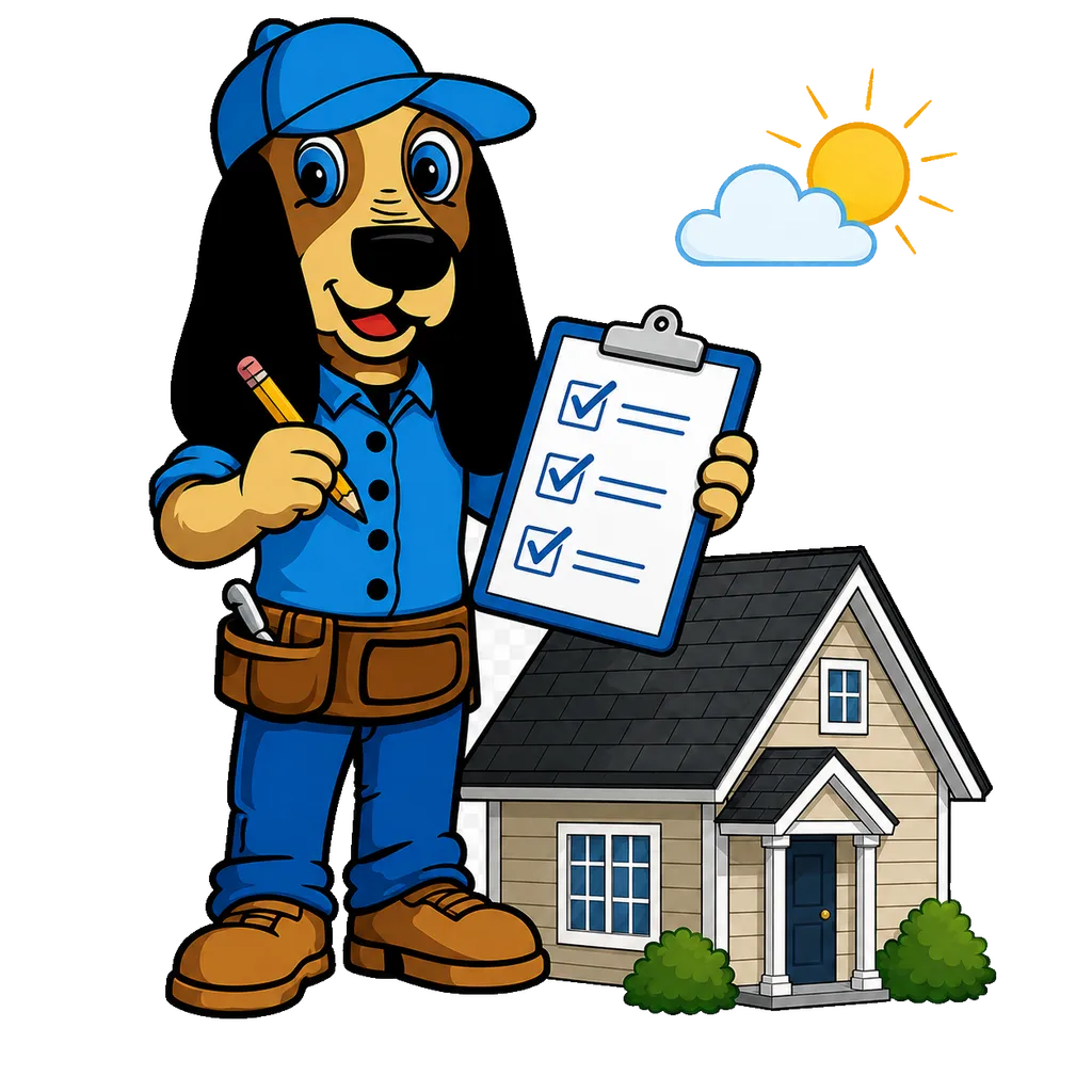 Rufus the Farrell Roofing mascot with a hurricane season checklist