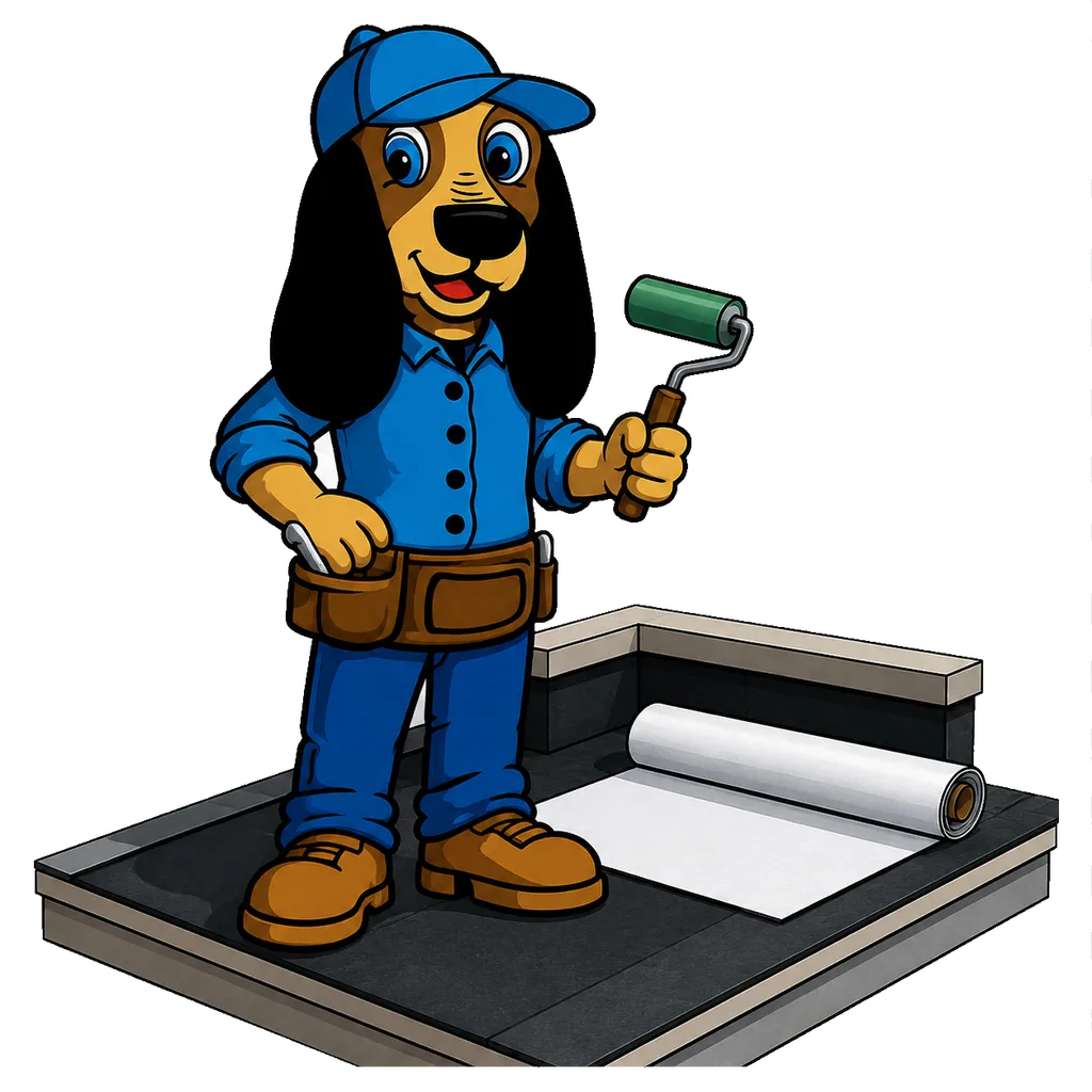 Rufus the Farrell Roofing mascot on a flat commercial roof