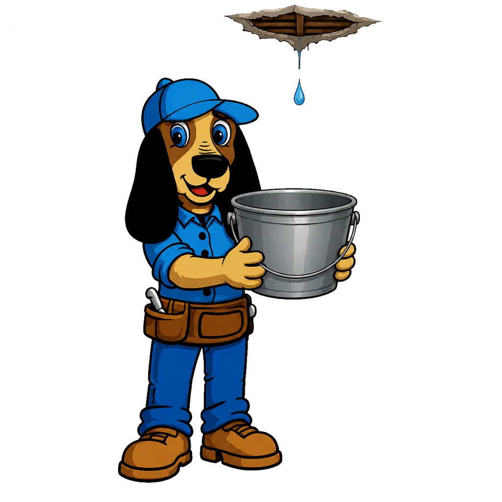 Rufus the Farrell Roofing mascot catching a ceiling leak in a bucket
