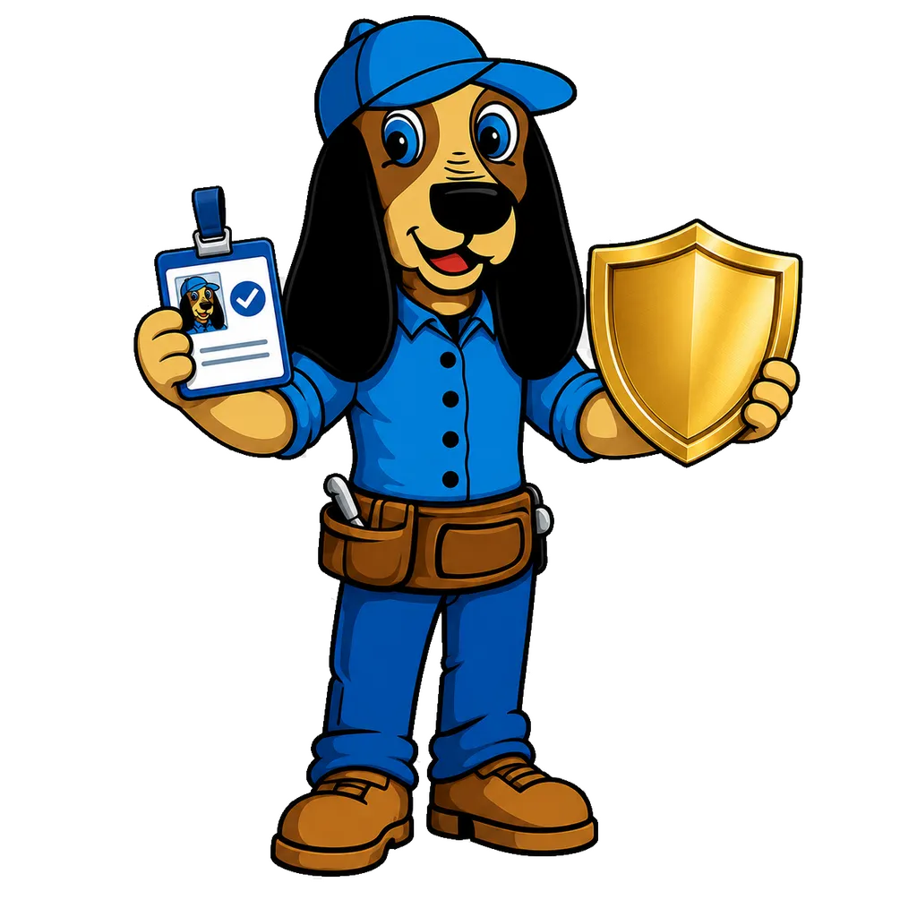 Rufus the Farrell Roofing mascot holding a license badge and shield