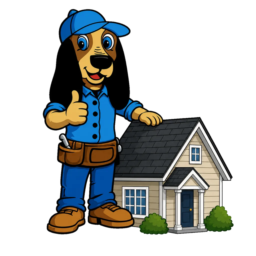 Rufus the Farrell Roofing mascot beside a freshly shingled home