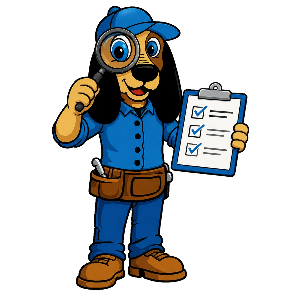 Rufus the Farrell Roofing mascot with an inspection checklist