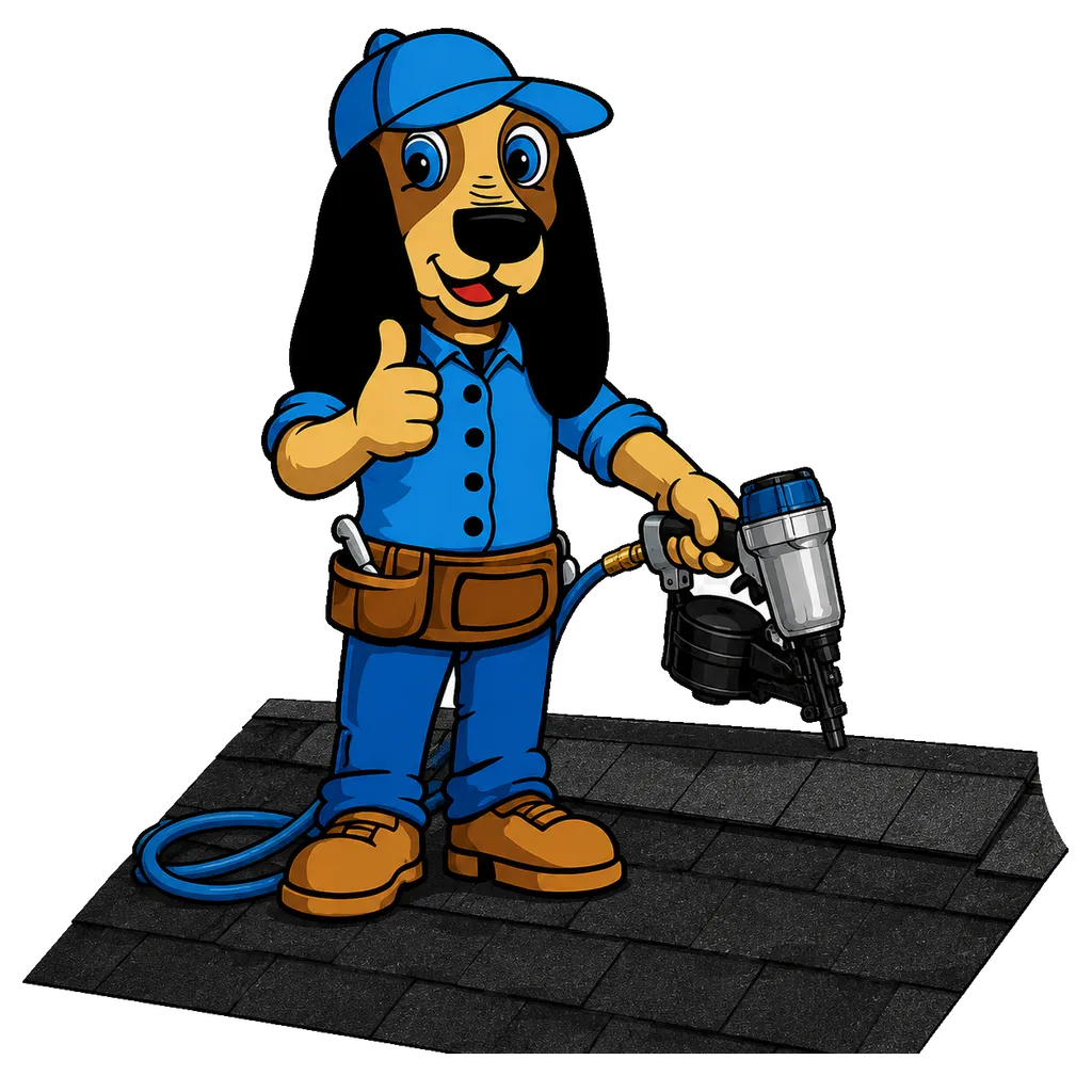 Rufus the Farrell Roofing mascot with a roofing nail gun
