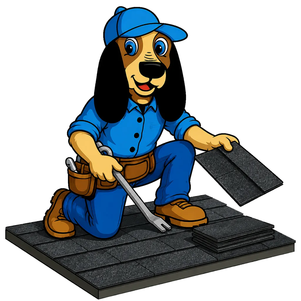 Rufus the Farrell Roofing mascot replacing a damaged shingle