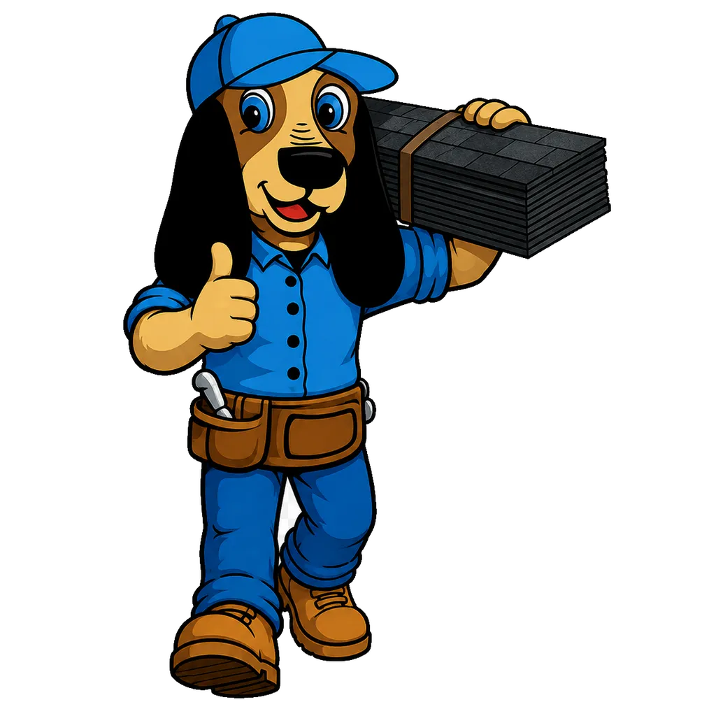 Rufus the Farrell Roofing mascot carrying a bundle of shingles